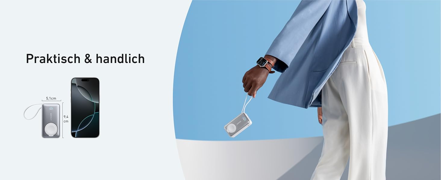 Повербанк Anker MagGo 10000mAh для Apple Watch та iPhone 17/16/15, Samsung, iPad — сертифікований, з вбудованим кабелем USB-C, потужність 35W, білий