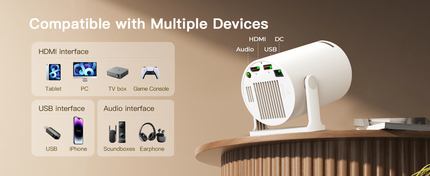 Портативний проєктор LYNCAST з Wi-Fi, Bluetooth та Android 11, 1080P/4K, поворотний на 180°, для дому та на відкритому повітрі (OptiBarrel 005 White)