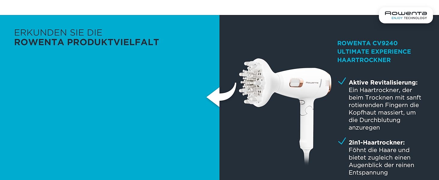 Фен Rowenta CV6030 Haartrockner Eco Intelligence Instant Dry з технологією Air Booster | 1500 Вт, 3 температури, 2 швидкості, холодне повітря, чорний