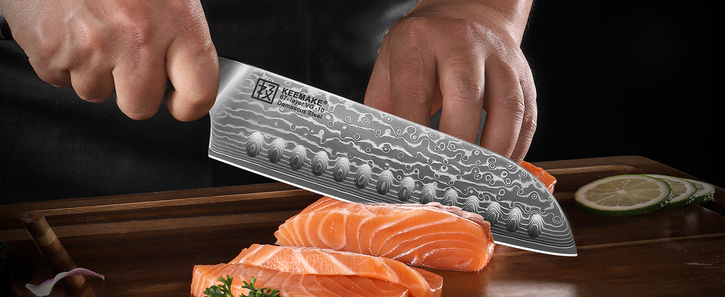 Ніж Santoku Keemake Damastmesser 17.8 см, професійний кухонний ніж з дамаської сталі (67 шарів) для м'яса та риби, ніж для шеф-кухаря 18 см