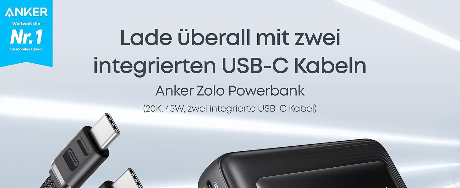Anker Zolo Powerbank 20000mAh 45W: Зовнішній акумулятор з USB-C кабелем для iPhone, Samsung, MacBook (Чорний)