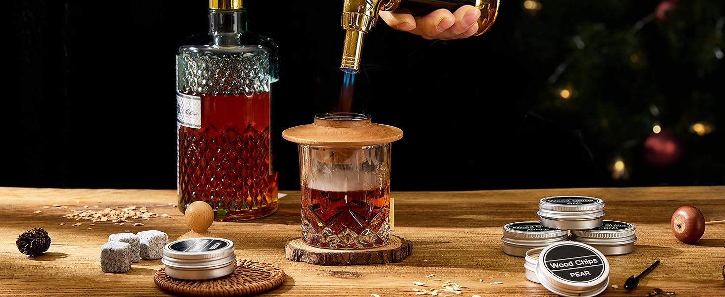 Набір для копчення коктейлів та віскі – 6 видів деревини, ліхтарик, генератор диму – без бутану (продається окремо), класичний набір
