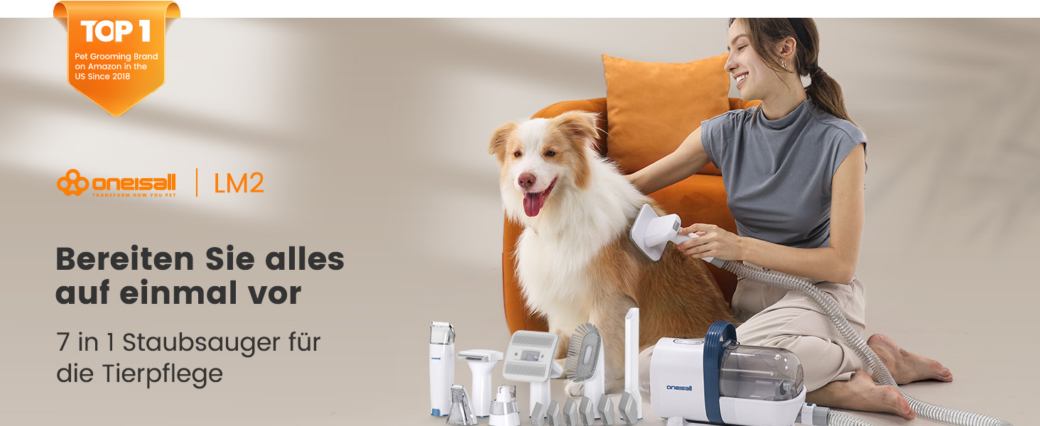 Машинка для стрижки собак Oneisall з пилососом, потужність 12000 Па, збір 99.99% шерсті, тиха, 7 насадок, об'єм контейнера 1.5 л