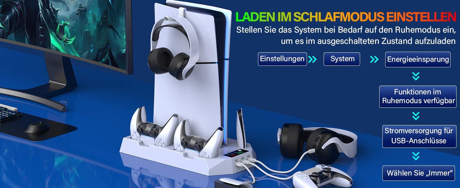 Підставка для PS5 Slim/Pro з зарядною станцією для контролера PlayStation 5 (Disc/Digital), аксесуари PS5 з RGB підсвіткою, вентилятором, тримачем для навушників, USB хабом, чорно-білий (Perlweiß Q311)