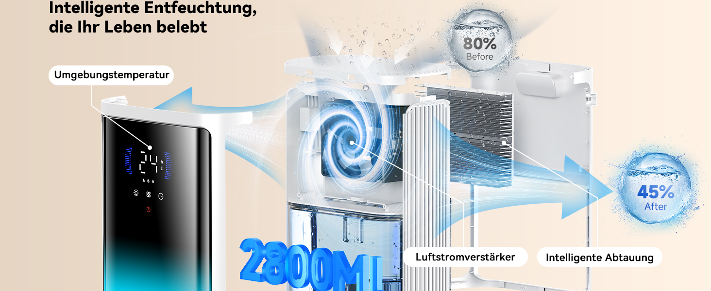 Електричний осушувач повітря Leise для сушіння одягу з таймером, автовимкненням та 7-кольоровими індикаторами (850 мл/год, 24 дні)