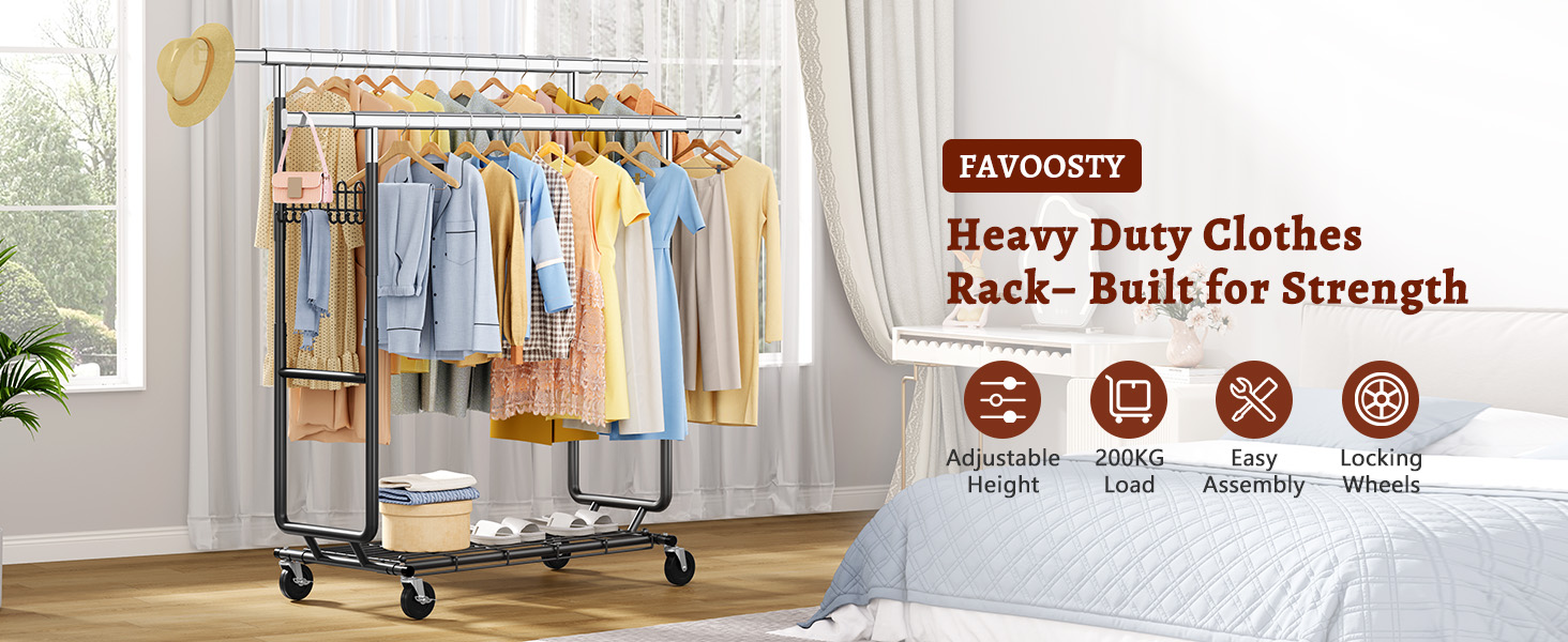 Стійка для одягу на колесах FAVOOOSTY, металева, мобільна, до 200 кг, чорна, 2 стяжки