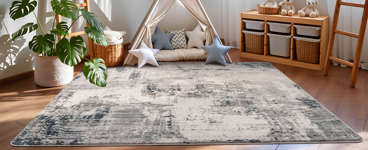 Килим для вітальні, спальні, їдальні, з антиковзаючим покриттям, м'який короткий ворс, абстрактний сірий стильний килим для легкого прибирання (160 x 200 см) (Сірий-мульти, 200 x 250 см (Прямокутний))