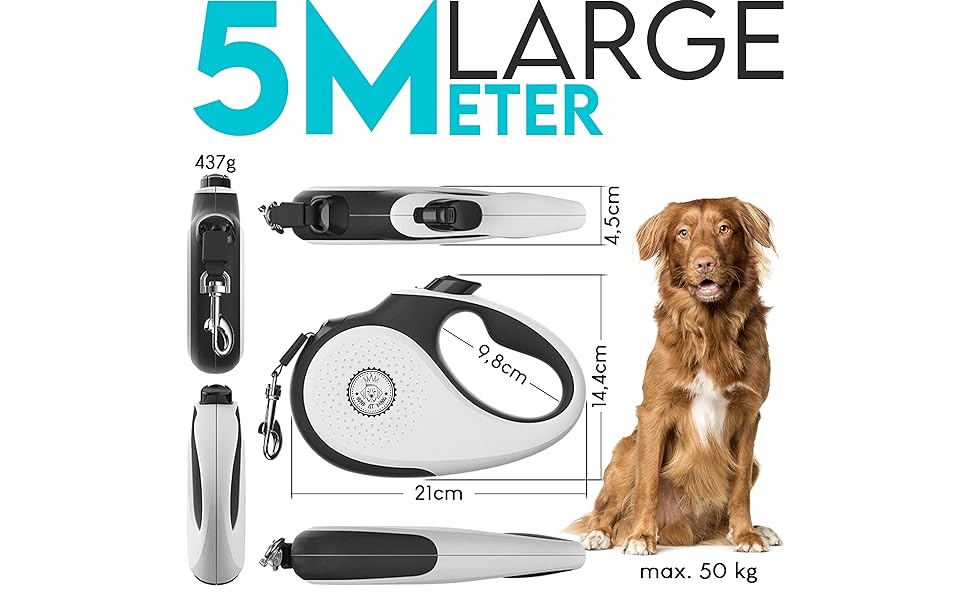 Витяжна поводок для собак HUND IST KÖNIG 8м для малих та великих собак | Міцний поводок до 50кг | Білий/Чорний