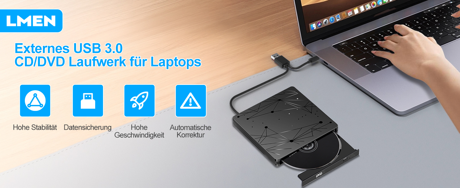 Зовнішній CD/DVD привід LMEN з USB 3.0 для ноутбука та ПК, портативний DVD-записувач CD-ROM, низький рівень шуму, сумісність з Windows, Linux, MacBook
