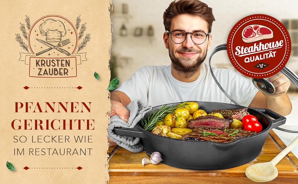 Чавунна сковорода гриль Krustenzauber 26 см з індукційним дном та двома ручками - рифлена, для смаження м'яса та овочів