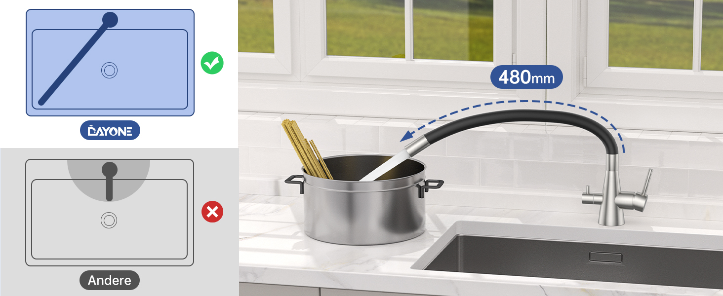 Кухонний змішувач Dayone з висувним виливом, нержавіюча сталь SUS304, високий тиск, 360° обертання, 2 функції, для кухні