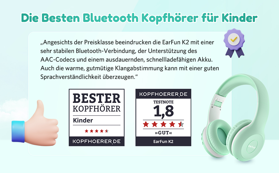 Бездротові навушники EarFun для дітей з Bluetooth, регулюванням гучності 85/94dB, HiFi звук, HD-мікрофон, 40 годин роботи акумулятора, складні, регульовані, для школи/подорожей/ПК, зелені