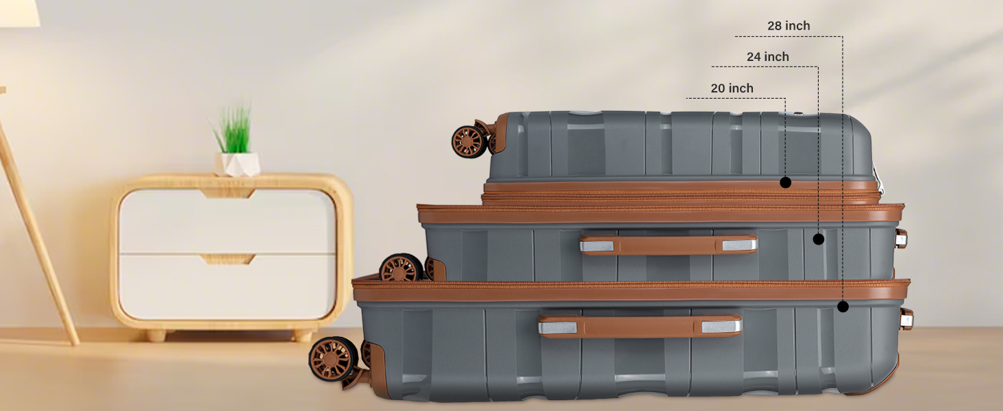 KONO Чемодан середнього розміру 65 см з поліпропілену, з TSA замком, 65x46x26.5 см (Крем-білий) (Сіро-коричневий), ручна поклажа