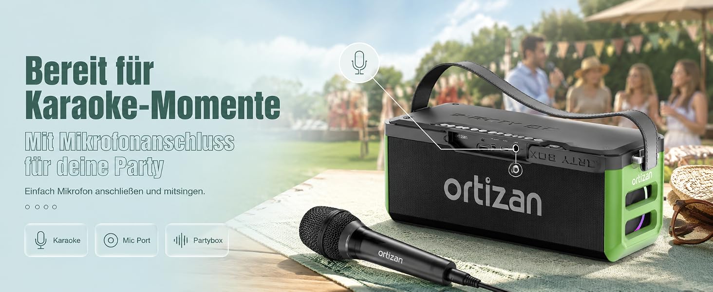 Ortizan Bluetooth колонка портативна 80 Вт, IPX7 водонепроникна, LED підсвітка, 12 год. роботи, Powerbank, стерео-з'єднання, зелено-чорна