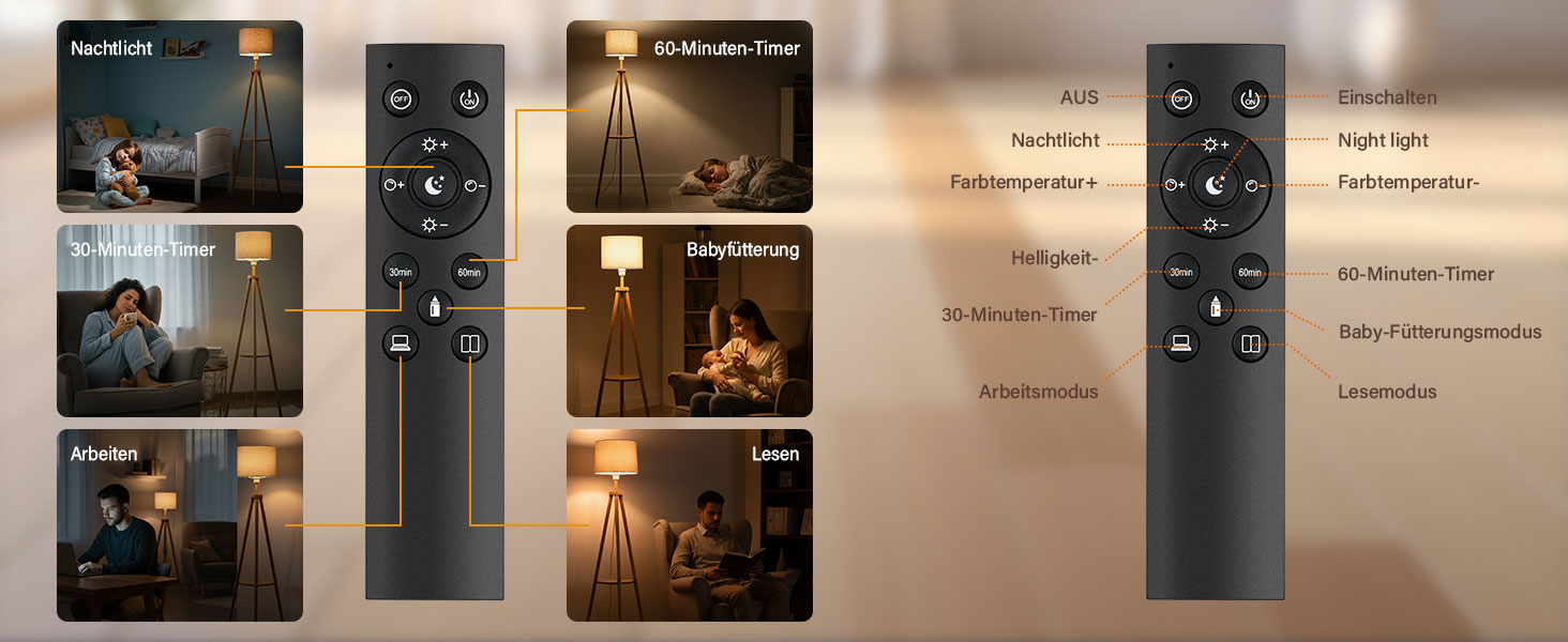 Стельова лампа для вітальні з полицею, дерев'яна LED-стійка лампа з регулюванням яскравості, тринога, 3 колірні температури, таймер на 30/60 хвилин, абажур, вимикач на корпусі для вітальні, спальні, офісу.