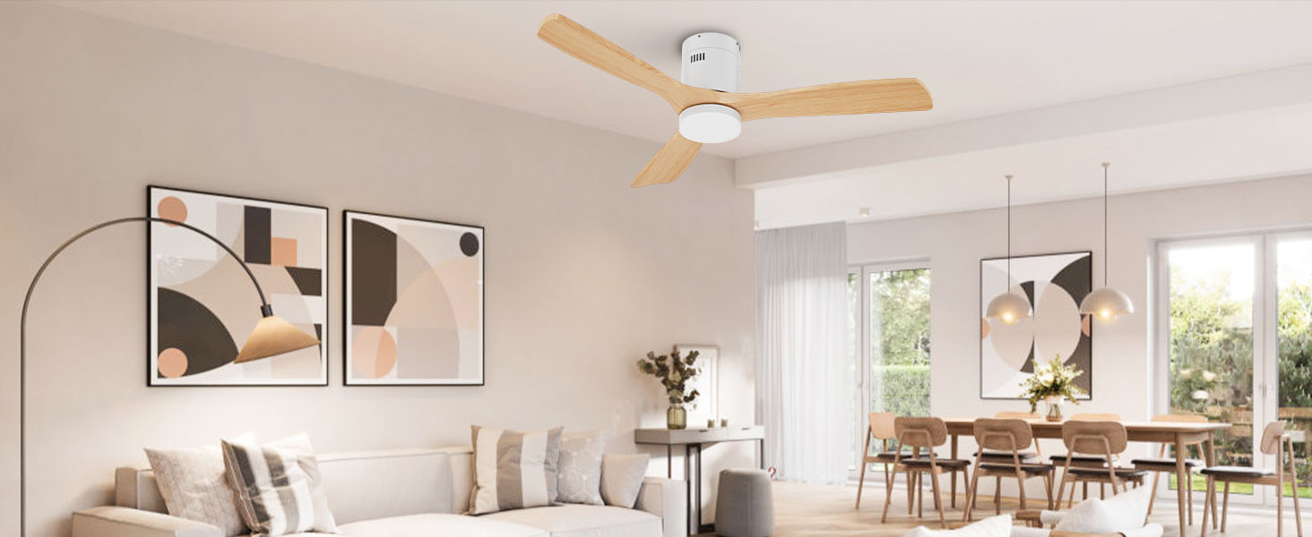 Стеляний вентилятор Holz з підсвічуванням, регулюванням яскравості LED 24W, тихий DC-двигун 38W, діаметр 132 см, з пультом дистанційного керування та таймером, 6 швидкостей, дерев'яний дизайн