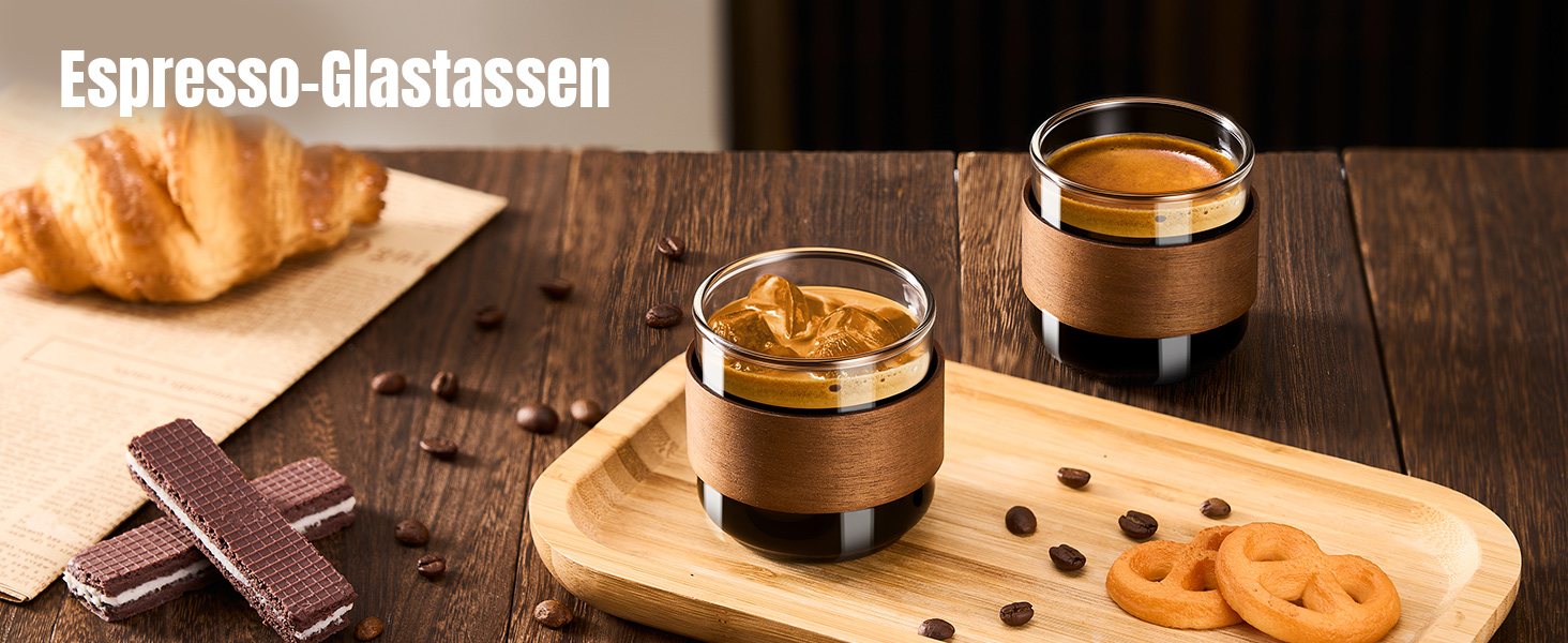 Набір еспресо-чашок ParaCity, 2 шт. з дерев'яним кільцем, склянка для еспресо та шнапсу з боросилікатного скла, прозора маленька чашка для еспресо, аксесуари для еспресо (150 мл)