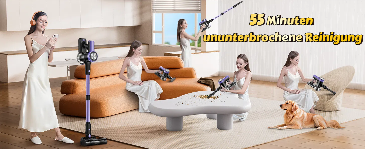 Бездротовий пилосос SUXIANGVAC 48KPa, 500W, 55 хвилин роботи, з док-станцією, LED дисплеєм, антизаплутана щітка, для шерсті тварин, килимів, твердих поверхонь, авто, фіолетовий