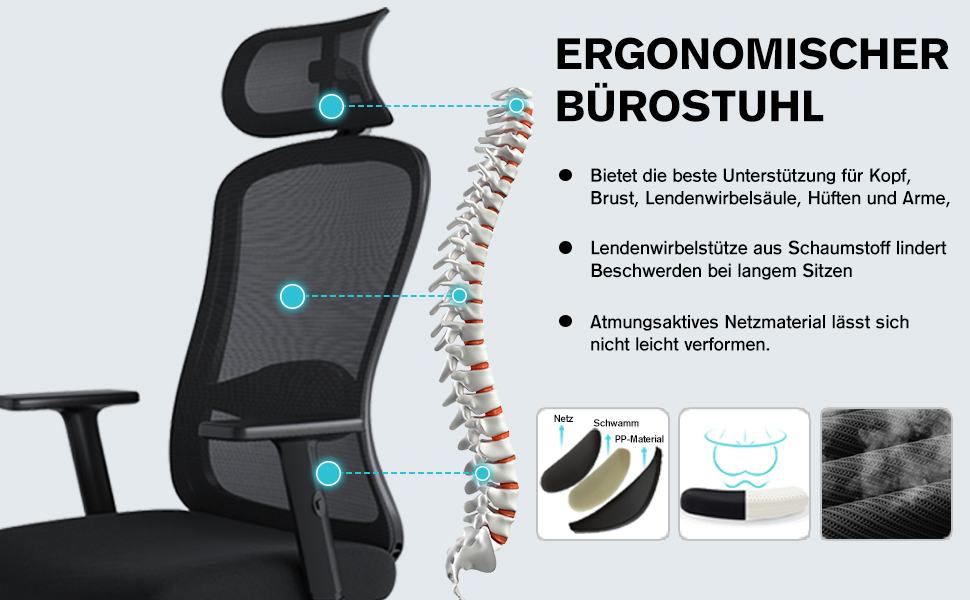 Ергономічне крісло для офісу, обертовий офісний стілець з подушкою для попереку, регульовані підголівник та підлокітники, крісло для керівника до 150 кг (Чорний)