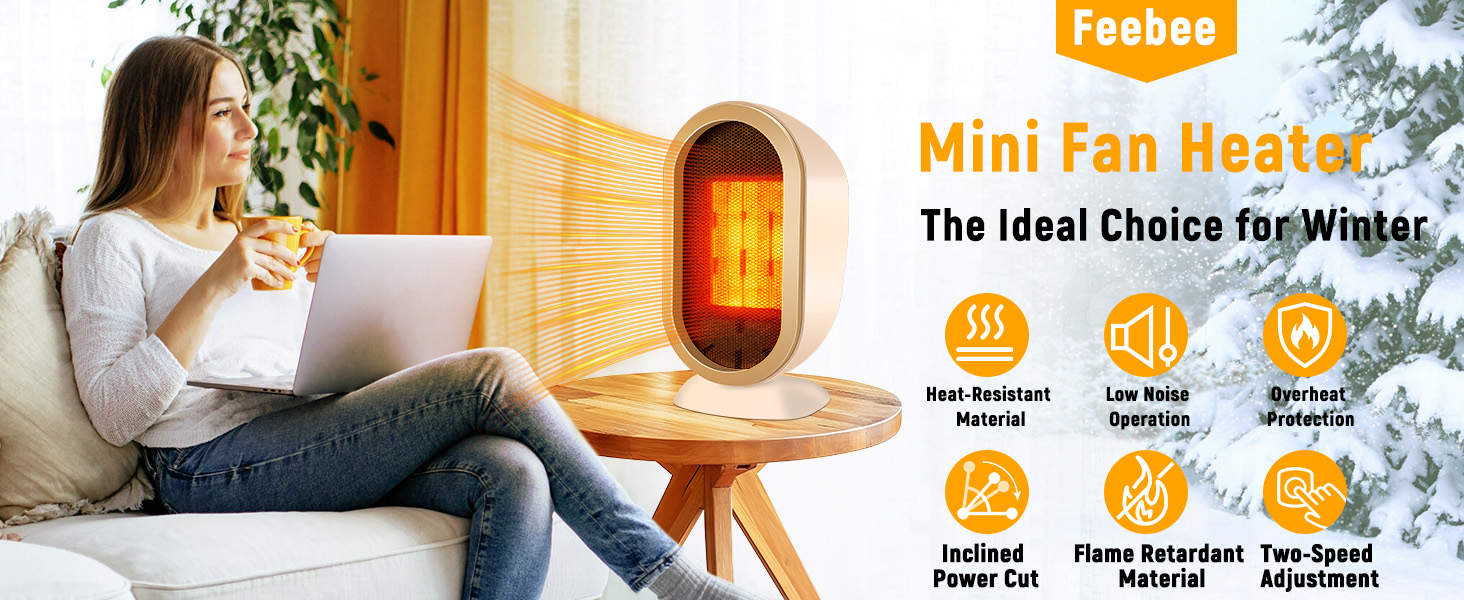 Електричний обігрівач Feebee: енергозберігаючий, тихий, 800/1200W, портативний, з контролем температури та захистом від перегріву та перекидання. Підходить для спальні, дому, офісу. (Білий, Бежевий)