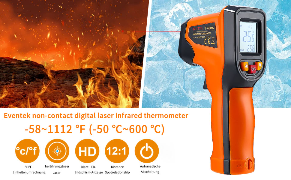 Інфрачервоний термометр цифровий -50°C～600°C: інструмент для вимірювання температури з лазерним цілевказівником та LCD дисплеєм (не для вимірювання температури тіла людини)