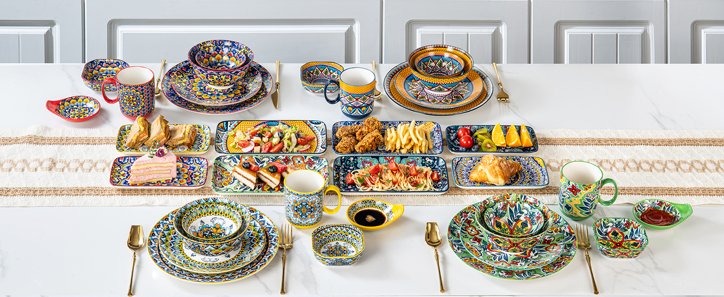 Сервіровочні тарілки HENXFEN з порцеляни, 25.4 см, набір прямокутних тарілок, 25.4 x 17.8 см, для салату, закусок, сашімі, богемний квітковий дизайн у 6 яскравих кольорах (прямокутна тарілка 20.3 см)