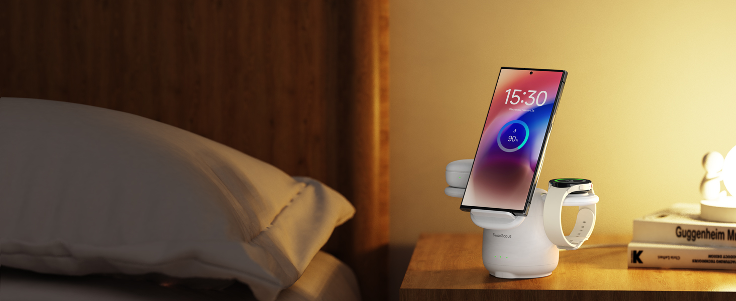 Бездротова зарядка SwanScout 3-в-1 для Samsung Galaxy S25 Ultra, S24, S23, Z Flip 7, Z Fold 7, Galaxy Watch 8/Ultra/7/6/5, Buds (без адаптера) біла