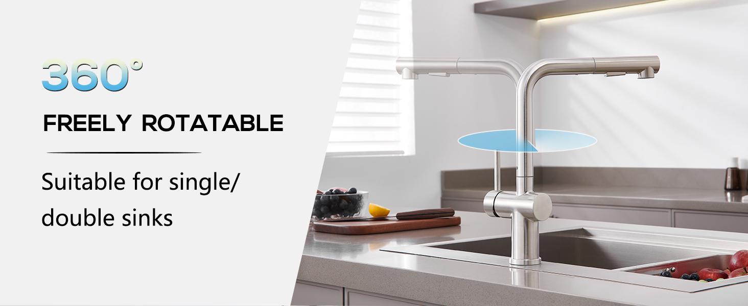 Змішувач кухонний з висувною лійкою, високого тиску, з двома режимами струменя, поворотний на 360°, L-подібний, з нержавіючої сталі (шліфований)