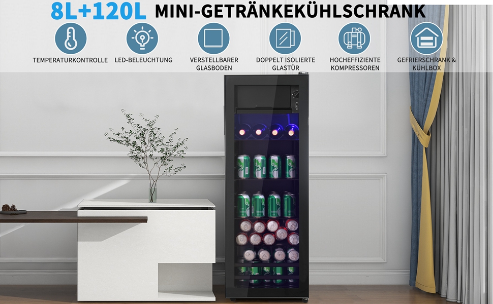 Холодильник Merax 128L, окремо розташований, з морозильником 8L, LED-підсвічуванням та регульованими полицями, супертихий, для ресторану, бару, напоїв та пива, чорний