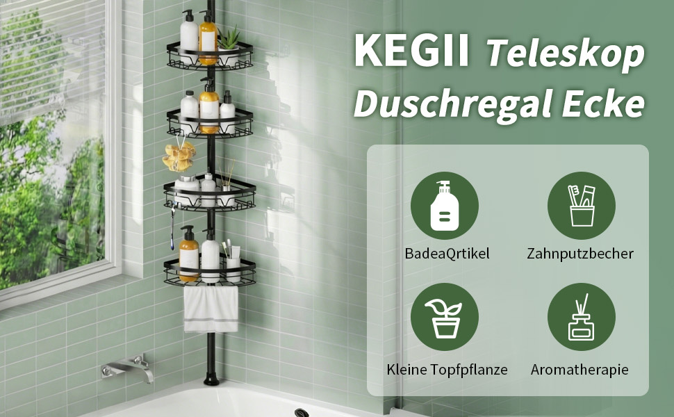 Телескопічна полиця в душ KEGII, 4 яруси, кутова стійка для шампуню без свердлення, регульована висота 63.5-290 см, матовий чорний колір