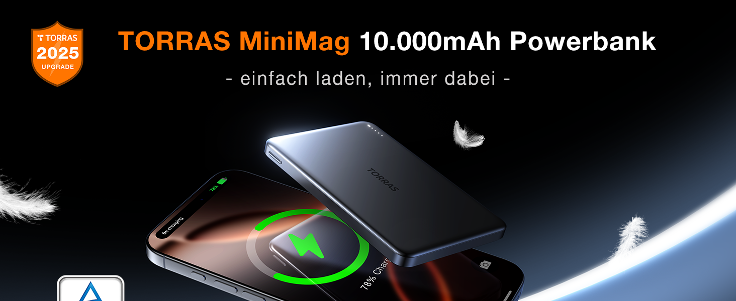 Портативний зарядний пристрій TORRAS MiniMag 10000mAh з MagSafe для iPhone 17 Pro Max, AirPods, iPhone Air 12-16, швидка зарядка, бездротовий, USB-C, сірий титан, 10000 mAh