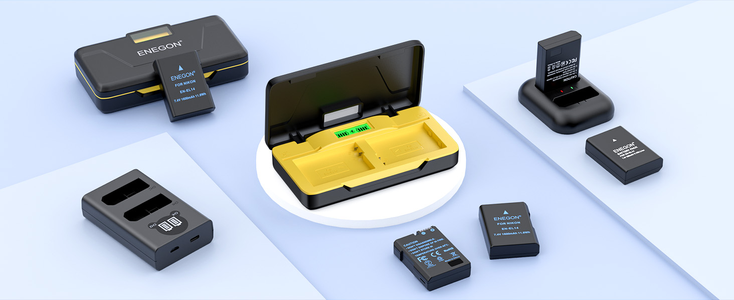 Зарядний пристрій ENEGON EN-EL14 20W з подвійним акумулятором, швидка зарядка, сумісний з Nikon D3100-D3500, Coolpix P7000, P7100, DF, LCD-дисплей