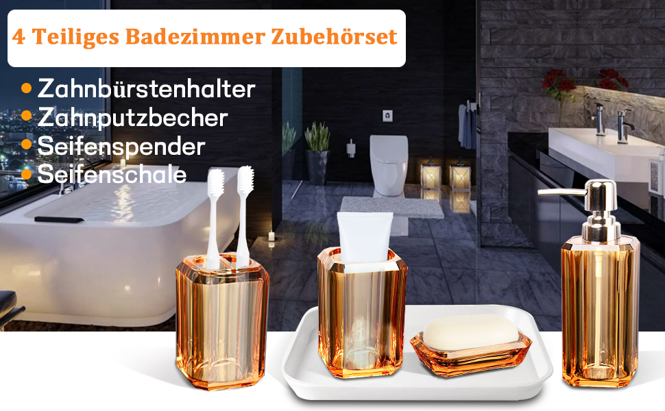 Набір аксесуарів для ванної кімнати, 4 шт. Акриловий набір для ванної: дозатор для лосьйону, стакан, тримач для зубних щіток, мильниця. Сучасний декор для ванної кімнати.