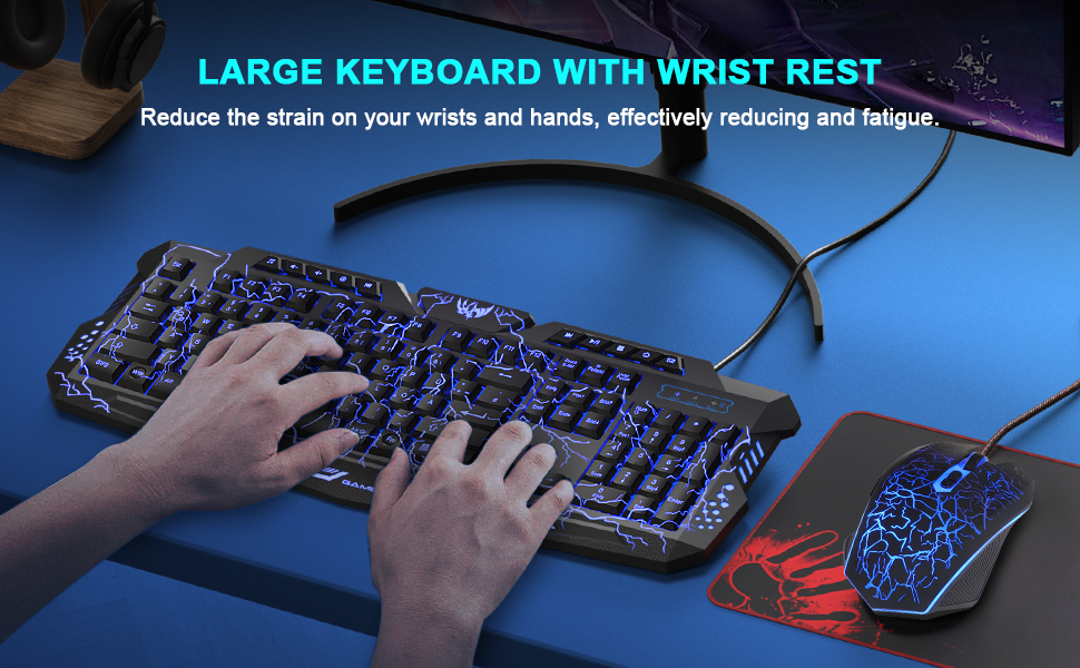Ігровий набір клавіатури та миші: 114 клавіші QWERTZ DE, LED підсвічування, ергономічна миша з 4 кольорами, великий килимок, USB для PC/PS5/Xbox