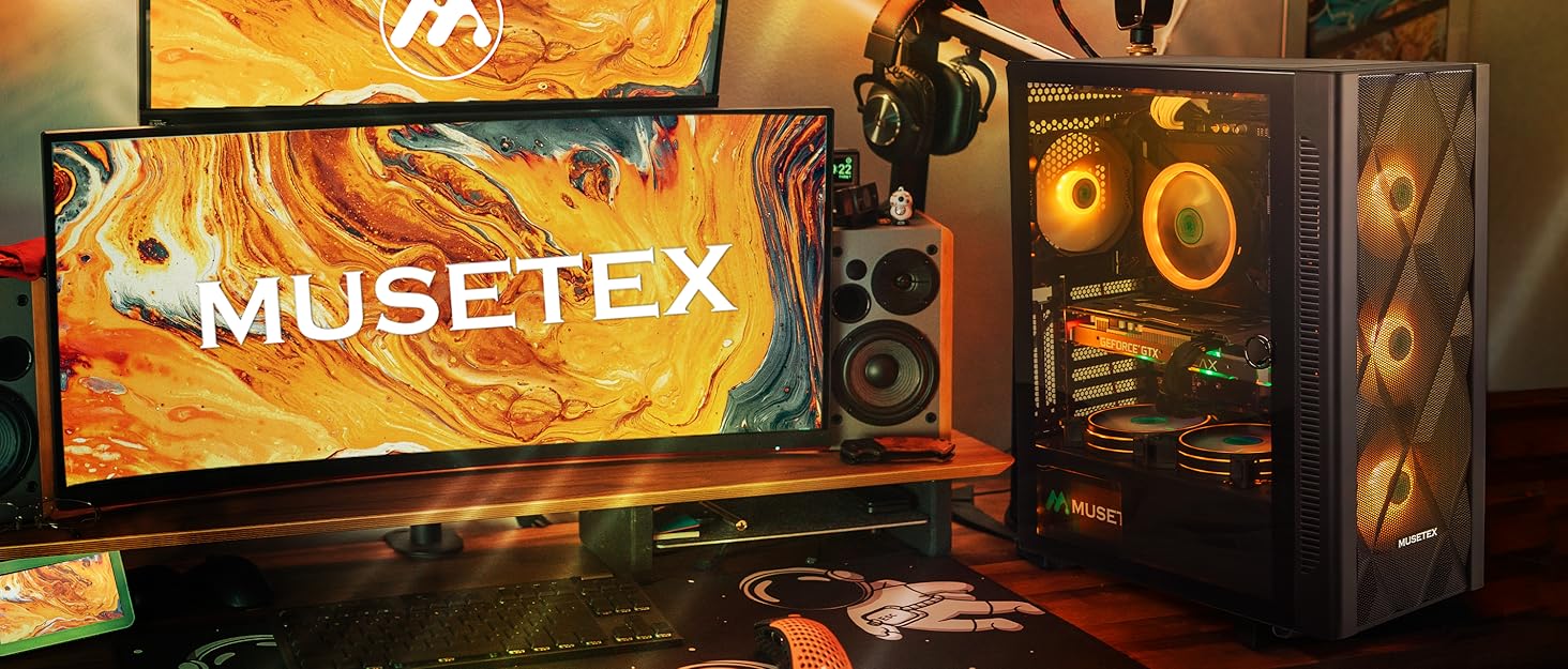 Комп'ютерний корпус MUSETEX ATX з 6 PWM ARGB вентиляторами, сітчаста передня панель, бокова панель з загартованого скла, USB 3.0 x 2, чорний, NN8