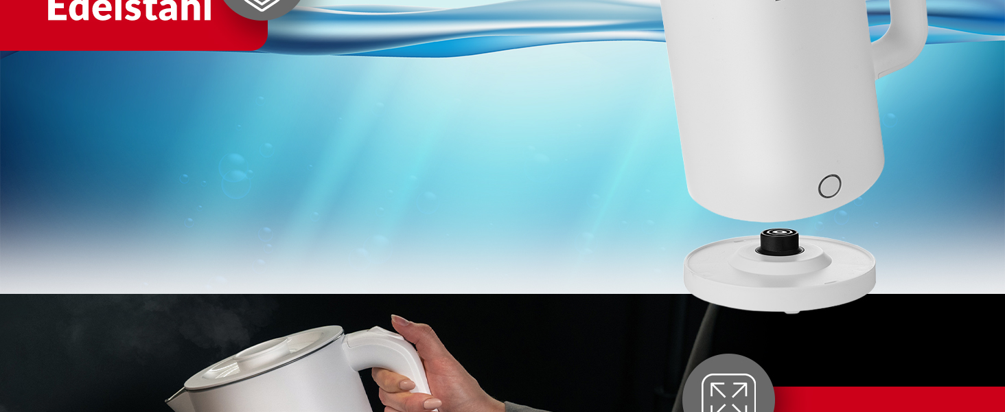 Електричний чайник LEHMANN з нержавіючої сталі 1.7L, 2200W, швидкий нагрів, подвійні стінки, автовимкнення та захист від перегріву, BPA-free, для дитячого харчування, чаю та кави (білий)