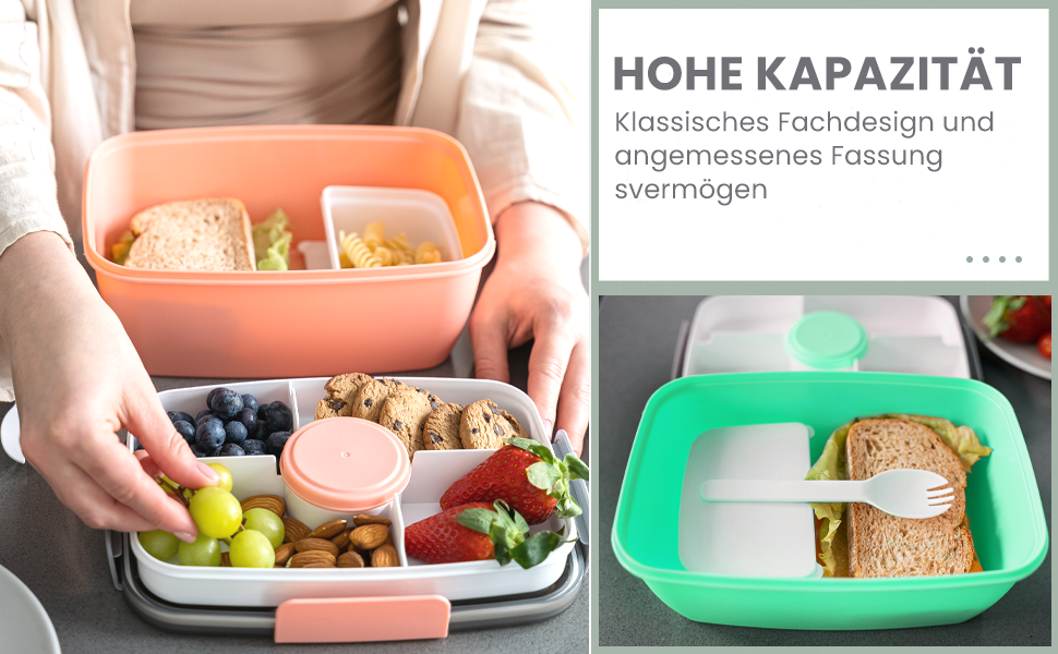 Ланчбокс Bugucat 2000 мл, чорний: герметичний, з відділеннями, для дорослих та дітей, з виделкою, для школи та пікніків