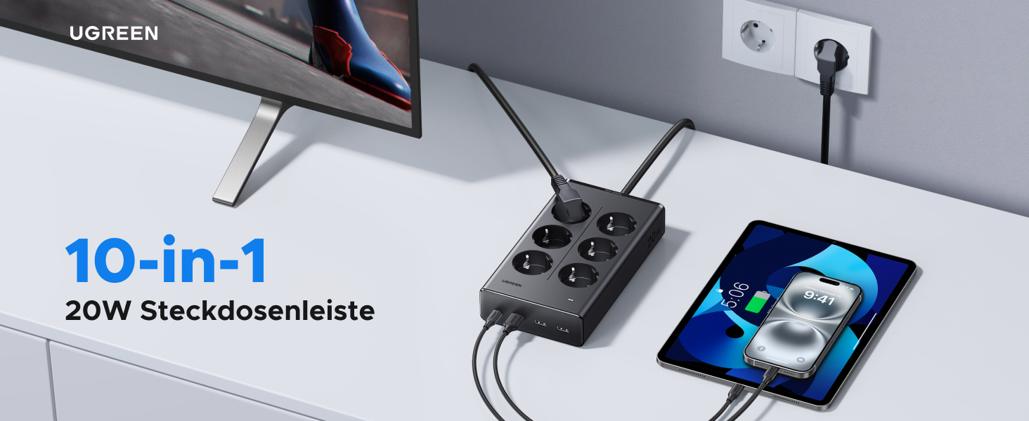 Мережевий фільтр UGREEN 10-в-1 з USB, подовжувач з 20W швидкою зарядкою USB-C, захист від перенапруги, 3680 Вт, кабель 1.5 м, для офісу та дому