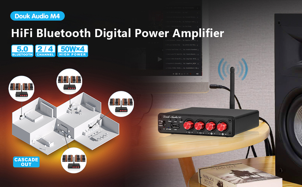 Підсилювач звуку Douk Audio HiFi Bluetooth 5.0, цифровий, стерео, 2/4 канали, 4×50Вт
