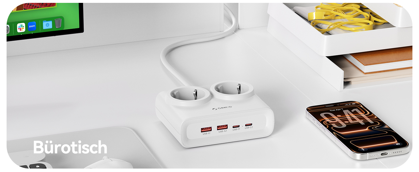 Мережевий адаптер ORICO 25W GaN 6-в-1 білий з 2 розетками AC, 4 USB (2 USB-C PD), кабелем 1.6м, 2500W для дому/офісу