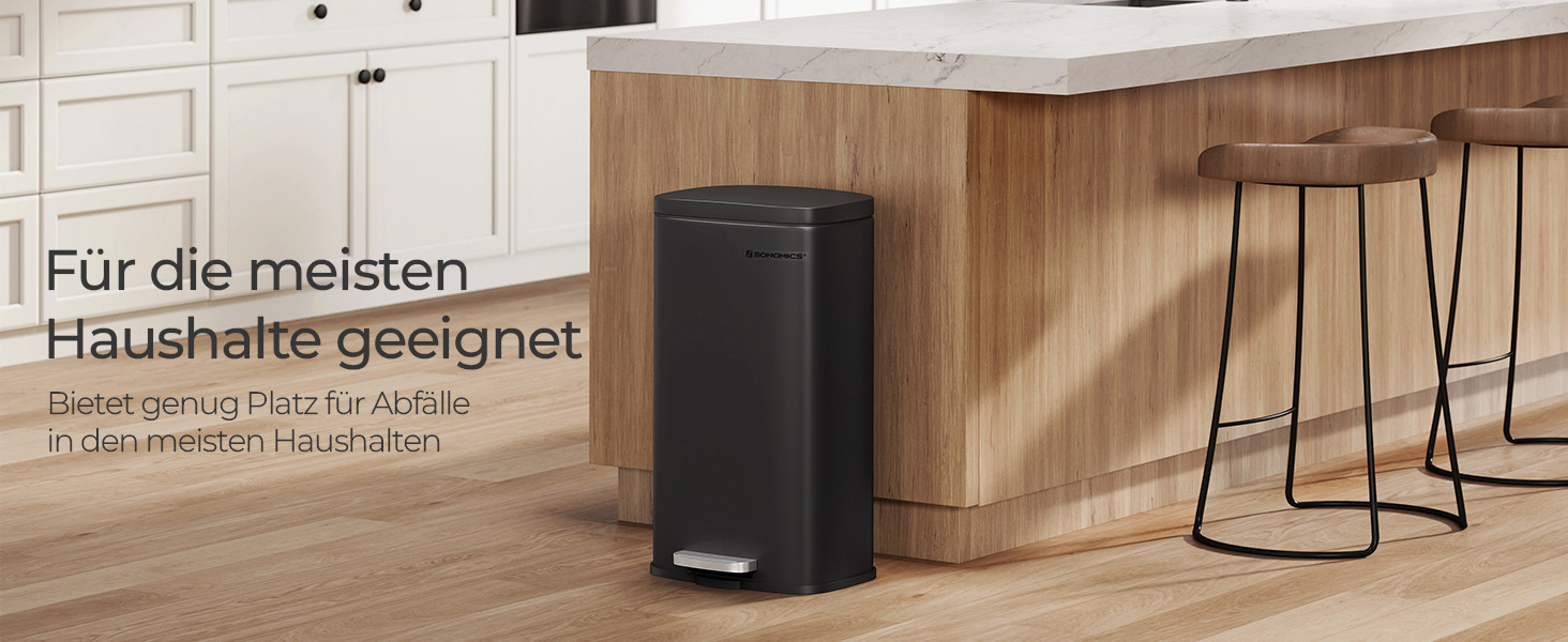 Відро для сміття SONGMICS 30 л, сталеве, з м'яким закриттям, з внутрішнім відром, чорне