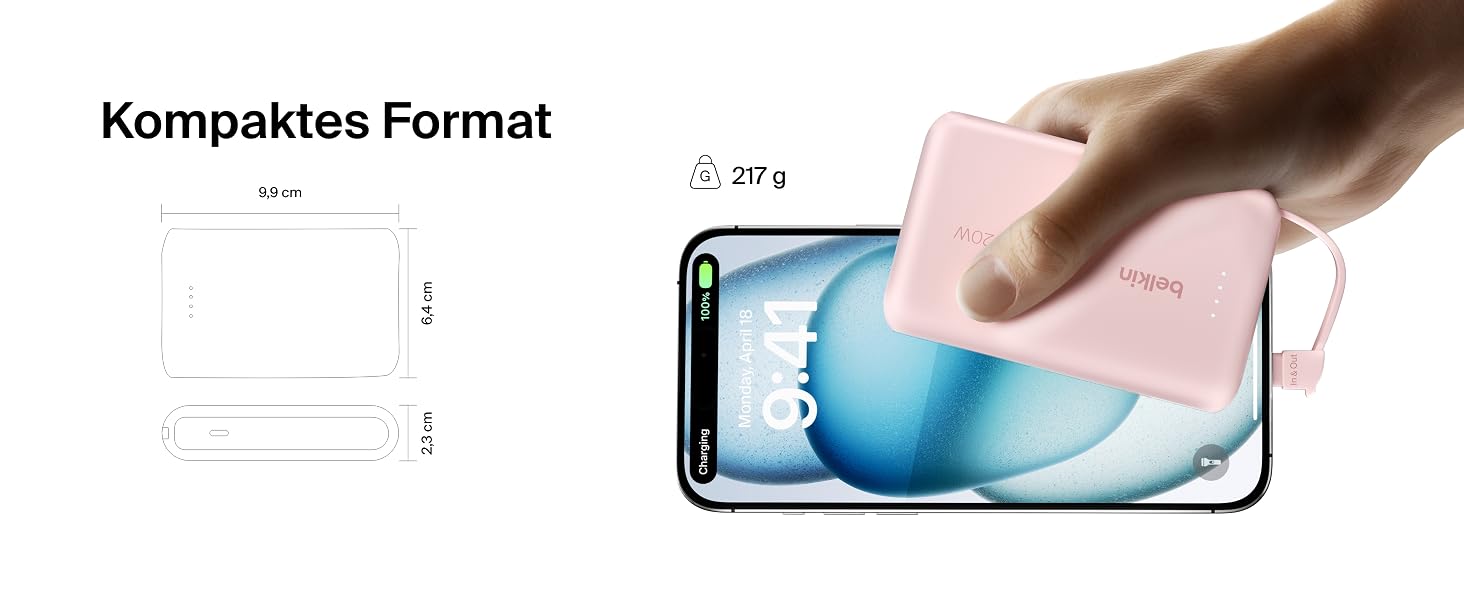 Повербанк Belkin BoostCharge 10000mAh з вбудованим кабелем USB-C, 20W, LED-індикатором, рожевий