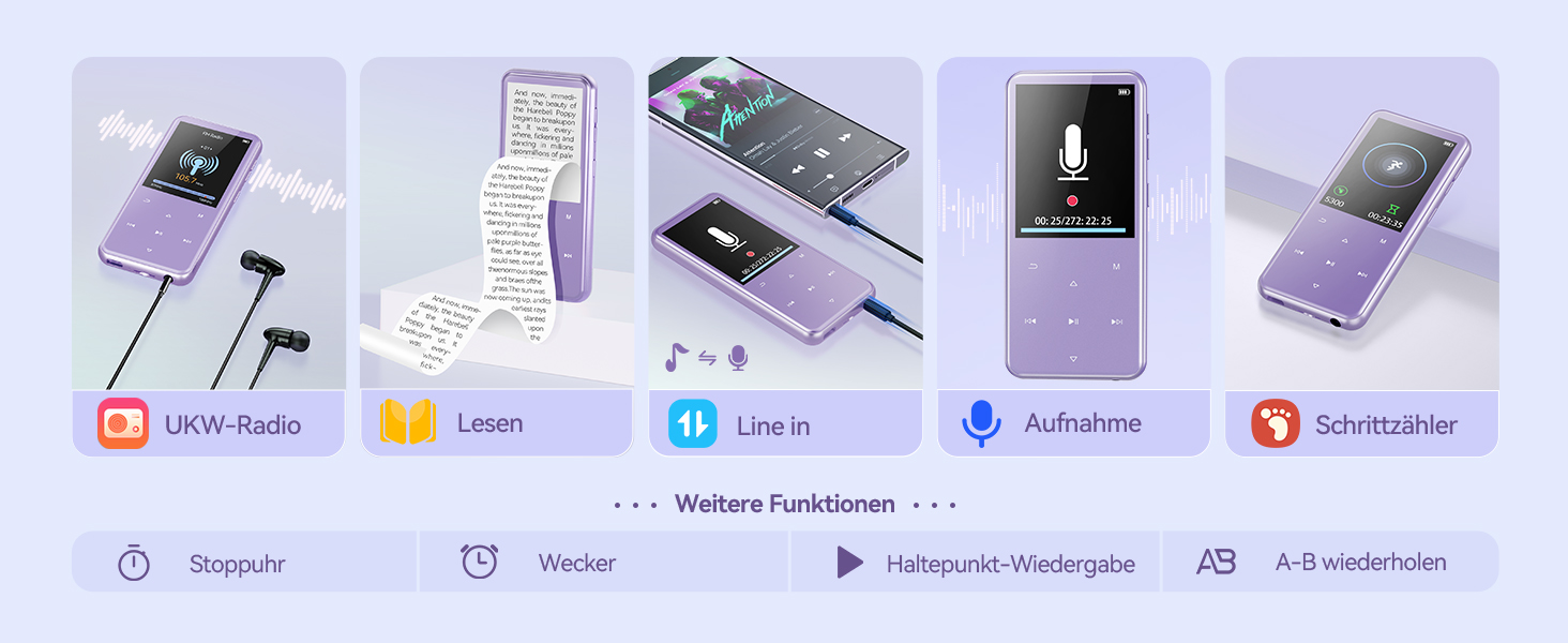 MP3 плеєр AGPTEK 64GB з Bluetooth 5.3, TFT-дисплеєм, FM-радіо та підтримкою до 128GB, фіолетовий