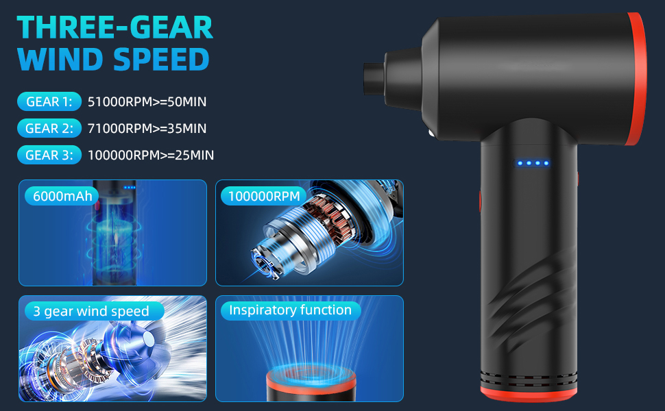 Електричний пилосос для повітряного продування BUDOCI, 3 швидкості, 100000 об/хв, 6000 mAh, з LED-підсвічуванням, для чищення ПК, клавіатури, диванів, офісної техніки, авто (чорно-червоний)