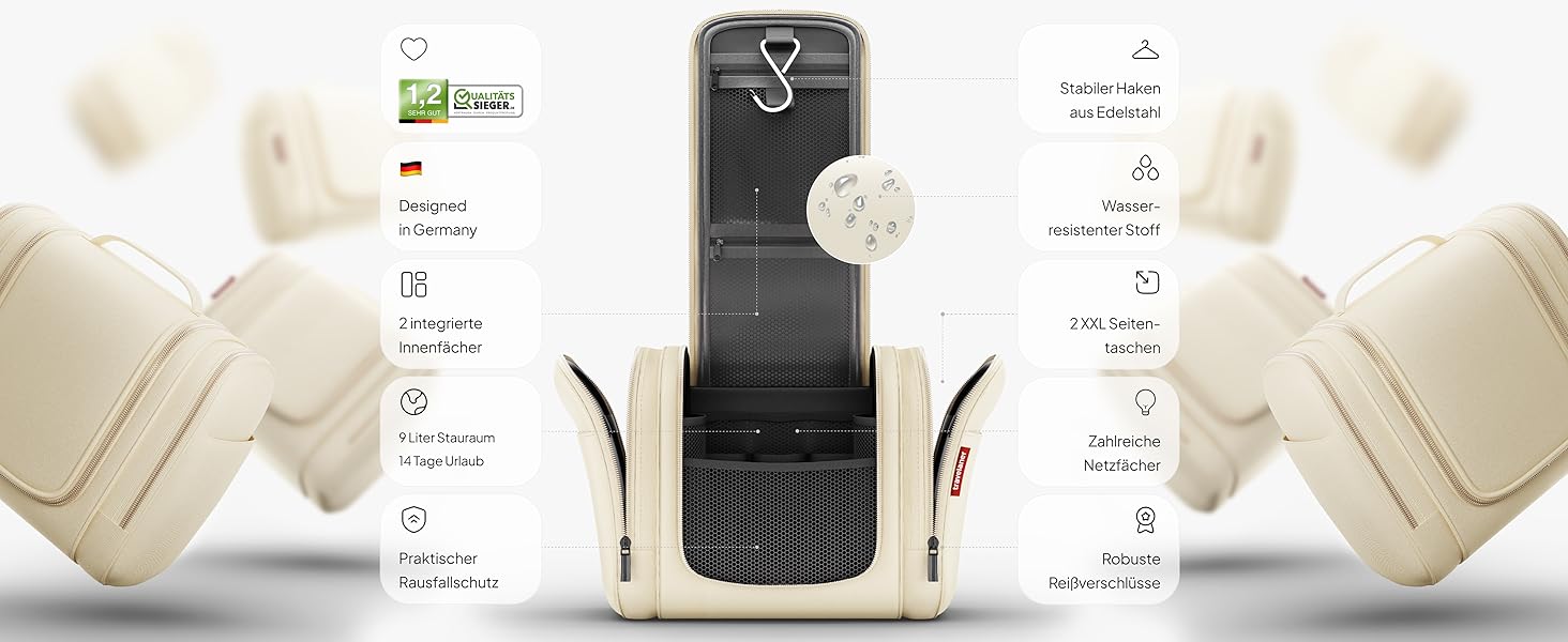 Чоловіча/жіноча/дитяча дорожня косметичка-органайзер Traveaner, 7 відділень, 3-в-1, XXL, водовідштовхувальна, кремово-бежева