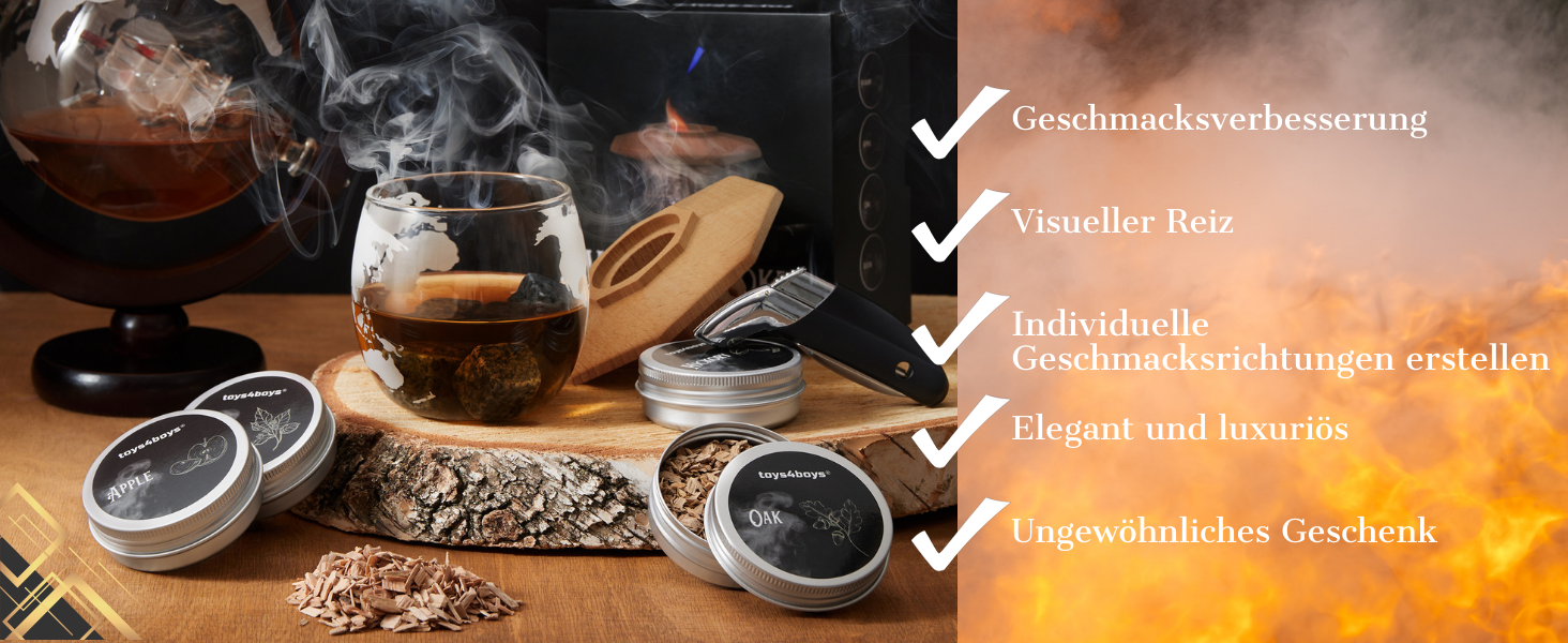 Набір для копчення віскі Toys4Boys - Преміум набір для копчення з дерев'яною кришкою, 4 арома-спіралі та запальничкою. Ідеальний подарунок для чоловіків. Набір для інфузії віскі без бутану, 4 арома-спіралі