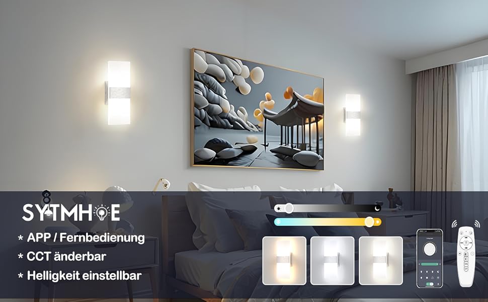 Сучасна LED-стінова лампа Sytmhoe з димуванням, керуванням через додаток, 12W, 960LM, акрил, з пультом, 85-265V, для спальні/вітальні, срібна