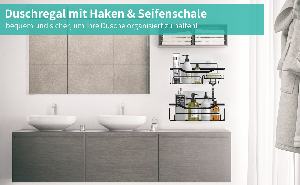 Дзеркальна поличка для душу HapiRm без свердління - органайзер для ванної кімнати та кухні, полиця для душу з 11 гачками, мильниця, тримач для бритви, тримач для шампуню, 3 кріплення, чорний