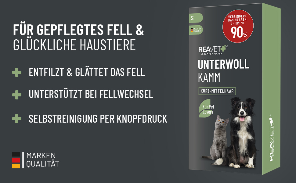 Гребінець для підшерстка ReaVET для собак та котів з короткою шерстю, середніх порід. Видаляє підшерсток, доглядає за верхнім шаром шерсті. З кнопкою самоочищення. Ідеальний для сезонного линяння. Гребінець для собак та котів, підходить для малих порід (S).