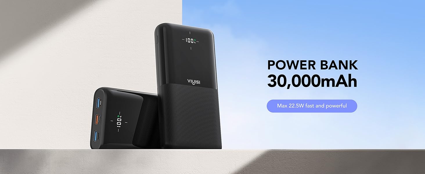 Power Bank VIYISI 30000mAh з LED дисплеєм, 20W PD, 4 виходи та 3 входи, сумісний з iPhone/iPad/Samsung/Huawei, чорний